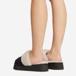 EGO Sugar Faux Fur Trim Platform Slipper In Black Faux Suede -EGO Sales 30 11 22 fw40010 sq