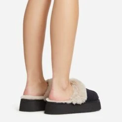 EGO Sugar Faux Fur Trim Platform Slipper In Black Faux Suede -EGO Sales 30 11 22 fw40011 sq