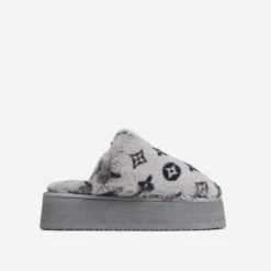 EGO Warren Closed Toe Printed Detail Flatform Slipper In Grey Faux Fur -EGO Sales 30 11 22 fw40067 sq