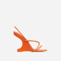 EGO Thriller Strappy Detail Square Toe Sling Back Cut Out Wedge Heel In Orange Faux Leather -EGO Sales 30 11 22 fw40084 sq