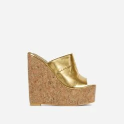 EGO After-Hours Peep Toe Cork Platform Wedge Heel Mule In Gold Faux Leather -EGO Sales 30 11 22 fw40102 sq