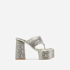 EGO Edge Padded Thong Strap Detail Square Toe Platform Block Heel Mule In Beige Snake Print Faux Leather -EGO Sales 30 11 22 fw40108 sq