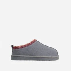 EGO Catch-Up Aztec Detail Faux Fur Lining Flat Slipper In Grey Faux Suede