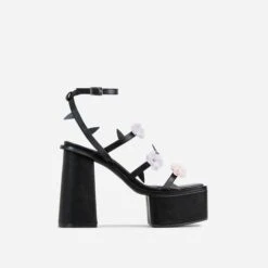 EGO Pansy Triple Strap 3D Flower Detail Platform Block Heel In Black Faux Leather -EGO Sales 30 11 22 fw40131 sq