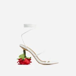 EGO Thorne Lace Up Double Strap Square Toe Rose Statement Heel In White Faux Leather -EGO Sales 30 11 22 fw40139 sq