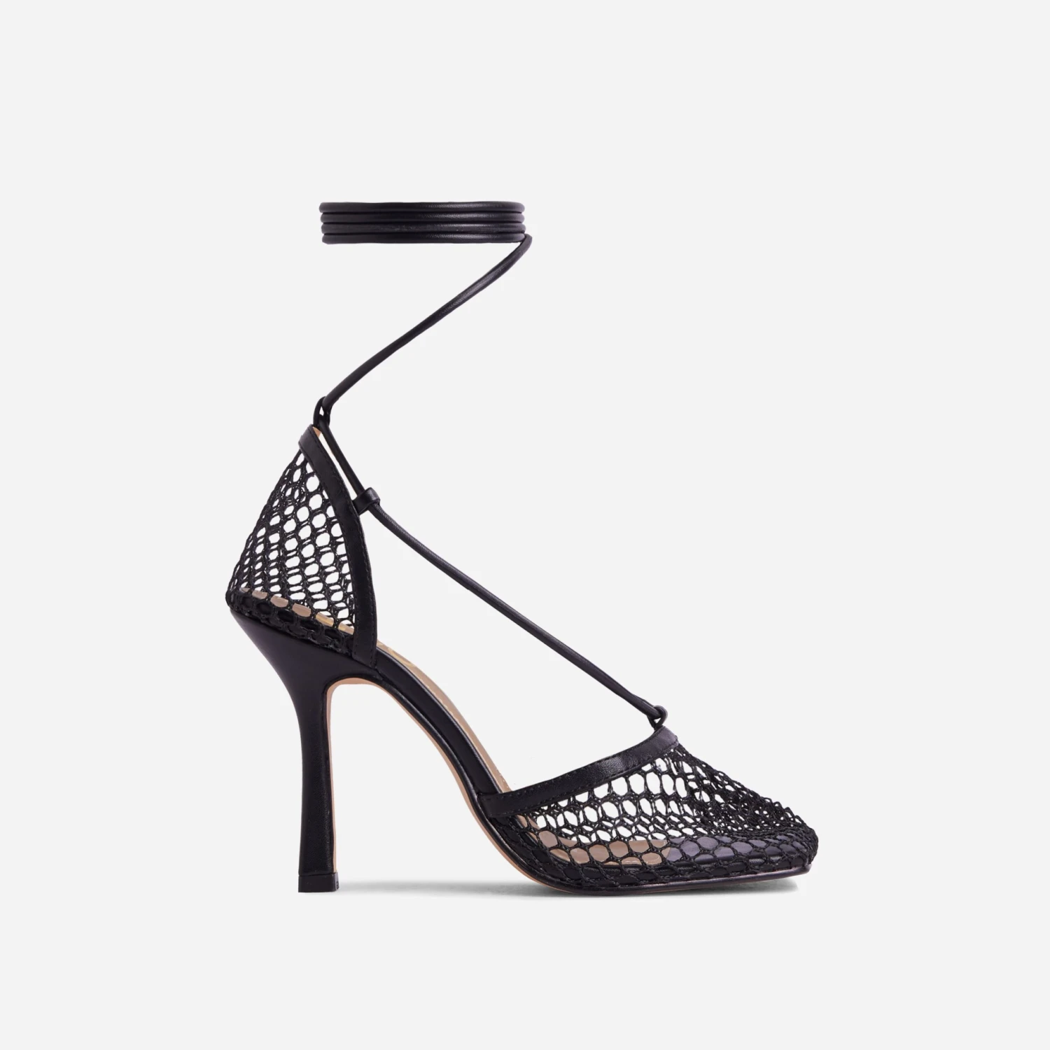 EGO New-Me Lace Up Square Toe Court Heel In Black Fishnet 7 EGO New-Me Lace Up Square Toe Court Heel In Black Fishnet - Image 5