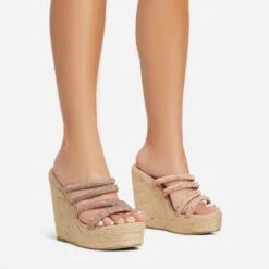EGO Bali Diamante Strap Detail Woven Platform Wedge Heel Mule In Nude Faux Suede