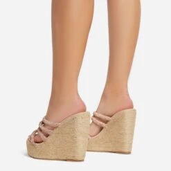 EGO Bali Diamante Strap Detail Woven Platform Wedge Heel Mule In Nude Faux Suede -EGO Sales abs87034 sb