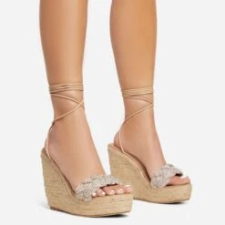 EGO Barli Lace Up Diamante Strap Detail Woven Platform Wedge In Nude Faux Leather