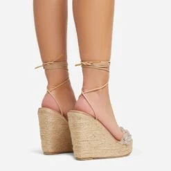 EGO Barli Lace Up Diamante Strap Detail Woven Platform Wedge In Nude Faux Leather -EGO Sales abs87039 sb