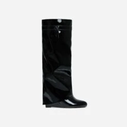 EGO I-Am-The-One Padlock Detail Wedge Heel Knee High Long Boot In Black Patent