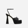 EGO Sparkling Diamante Detail Square Peep Toe Platform Flared Block Heel In Black Satin -EGO Sales ath001 gld 11