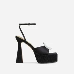 EGO Sparkling Diamante Detail Square Peep Toe Platform Flared Block Heel In Black Satin