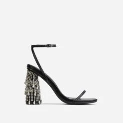 EGO Chalston Square Toe Diamante Tassel Detail Round Block Heel In Black Faux Leather