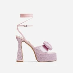 EGO Taste Lace Up Diamante Bow Detail Square Peep Toe Platform Flared Block Heel In Pink Faux Leather