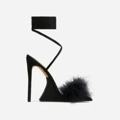EGO Sorrenti Lace Up Fluffy Faux Feather Detail Square Toe Sculptured Platform Stiletto Heel In Black Faux Suede -EGO Sales ath001 gld 25 sq
