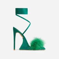 EGO Sorrenti Lace Up Fluffy Faux Feather Detail Square Toe Sculptured Platform Stiletto Heel In Green Faux Suede -EGO Sales ath001 gld 28 sq