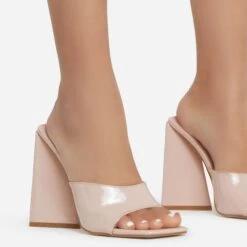 EGO Avalon Square Peep Toe Sculptured Flared Block Heel Mule In Nude Patent -EGO Sales avalon 11095 copy