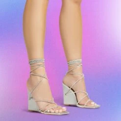 EGO Beggin Lace Up Diamante Strap Detail Square Toe Wedge Heel In Silver Faux Leather