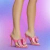 EGO Bouquet Oversized Diamante Rose Detail Thong Strap Square Toe Stiletto Heel Mule In Pink Faux Leather -EGO Sales bouquet pink1 s