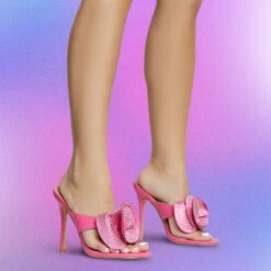 EGO Bouquet Oversized Diamante Rose Detail Thong Strap Square Toe Stiletto Heel Mule In Pink Faux Leather