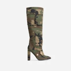 EGO Jamisen Pocket Stud Detail Pointed Toe Block Heel Knee High Boot In Camo Print Fabric -EGO Sales bring heel in2 2