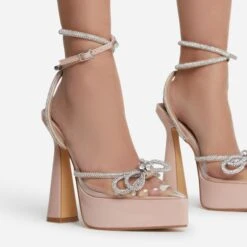 EGO Candy-Love Diamante Bow Perspex Pointed Toe Platform Flared Block Heel In Nude Patent -EGO Sales cadylove 7618 copy