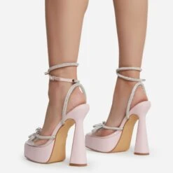 EGO Candy-Love Diamante Bow Perspex Pointed Toe Platform Flared Block Heel In Pink Faux Leather -EGO Sales cadylove 7624 copy