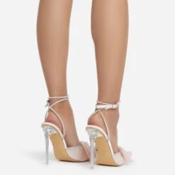 EGO Chriselle Bow Detail Diamante Lace Up Clear Perspex Heel In Pink Satin -EGO Sales chriselle 11214 copy