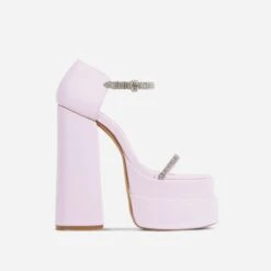 EGO Peggie Diamante Strap Open Square Toe Extreme Platform Block Heel In Pink Faux Leather