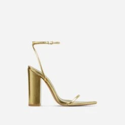 EGO Compass Ankle Strap Pointed Toe Block Heel In Gold Metallic Faux Leather -EGO Sales cut off strap at end 06 10 22 fw15119 sq 1 v