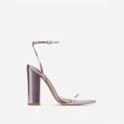 EGO Compass Ankle Strap Pointed Toe Block Heel In Pink Metallic Faux Leather -EGO Sales cut off strap at end 06 10 22 fw15119 sq 3 v