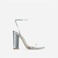 EGO Compass Ankle Strap Pointed Toe Block Heel In Silver Metallic Faux Leather -EGO Sales cut off strap at end 06 10 22 fw15119 sq 5 v