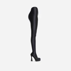 EGO Hypnosis Closed Square Toe Platform Flared Block Heel Long Legging Boot In Black Lycra -EGO Sales cutoutv2
