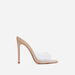 EGO Cyan Square Peep Toe Clear Perspex Heel Mule In Nude Patent -EGO Sales cyan nude