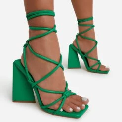 EGO Date-Night Knotted Detail Lace Up Square Toe Sculptured Flared Block Heel In Bright Green Faux Leather -EGO Sales datenite11550 copy