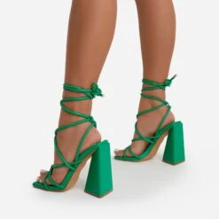 EGO Date-Night Knotted Detail Lace Up Square Toe Sculptured Flared Block Heel In Bright Green Faux Leather -EGO Sales datenite11552 copy