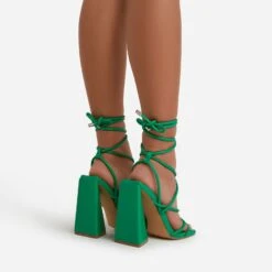 EGO Date-Night Knotted Detail Lace Up Square Toe Sculptured Flared Block Heel In Bright Green Faux Leather -EGO Sales datenite11553 copy