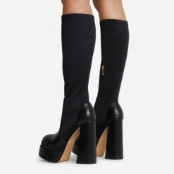 EGO Dede Platform Block Heel Knee High Long Sock Boot In Black Faux Leather -EGO Sales dede black 3