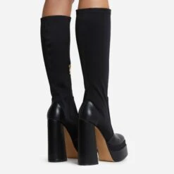 EGO Dede Platform Block Heel Knee High Long Sock Boot In Black Faux Leather -EGO Sales dede black 4