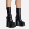 EGO Fifi Closed Square Toe Statement Platform Block Heel Ankle Biker Boot In Black Faux Leather -EGO Sales fifi 8085