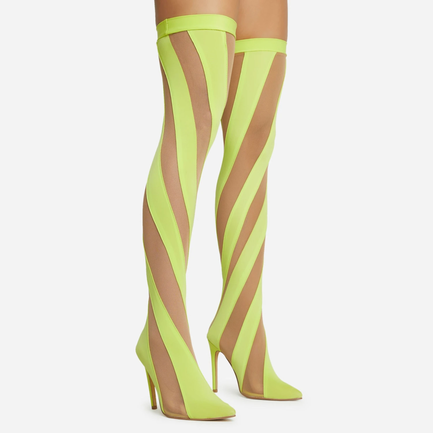 EGO Lilth Wrapped Panel Detail Pointed Toe Stiletto Heel Over The Knee Thigh High Sock Boot In Lime Mesh 3 EGO Lilth Wrapped Panel Detail Pointed Toe Stiletto Heel Over The Knee Thigh High Sock Boot In Lime Mesh