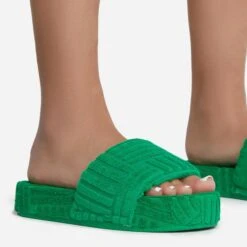 EGO Gotchu Flatform Slider Sandal In Green Terry Towel Fabric -EGO Sales gotchu 7597 copy