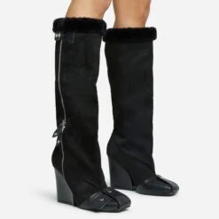 EGO Senna Faux Fur Buckle Detail Square Toe Wedge Heel Knee High Long Boot In Black Faux Suede