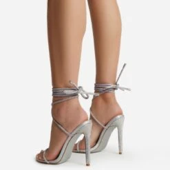 EGO Carmella Glitter Sole Diamante Detail Lace Up Heel In Silver Holographic Faux Leather -EGO Sales harmony 4224