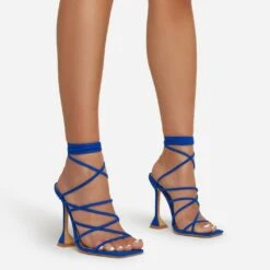 EGO Influence Strappy Lace Up Square Toe Sculptured Heel In Blue Faux Suede
