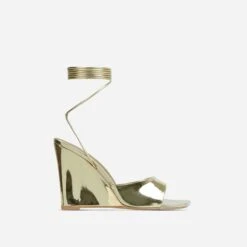 EGO Anthems Lace Up Square Peep Toe Wedge Heel In Gold Metallic Patent -EGO Sales lift toe put in shadow 06 10 22 fw15113 sq 1