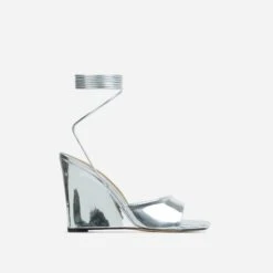 EGO Anthems Lace Up Square Peep Toe Wedge Heel In Silver Metallic Patent -EGO Sales lift toe put in shadow 06 10 22 fw15113 sq 3