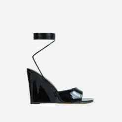 EGO Anthems Lace Up Square Peep Toe Wedge Heel In Black Patent -EGO Sales lift toe put in shadow 06 10 22 fw15113 sq 5