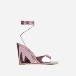 EGO Anthems Lace Up Square Peep Toe Wedge Heel In Pink Metallic Patent -EGO Sales lift toe put in shadow 06 10 22 fw15113 sq 7
